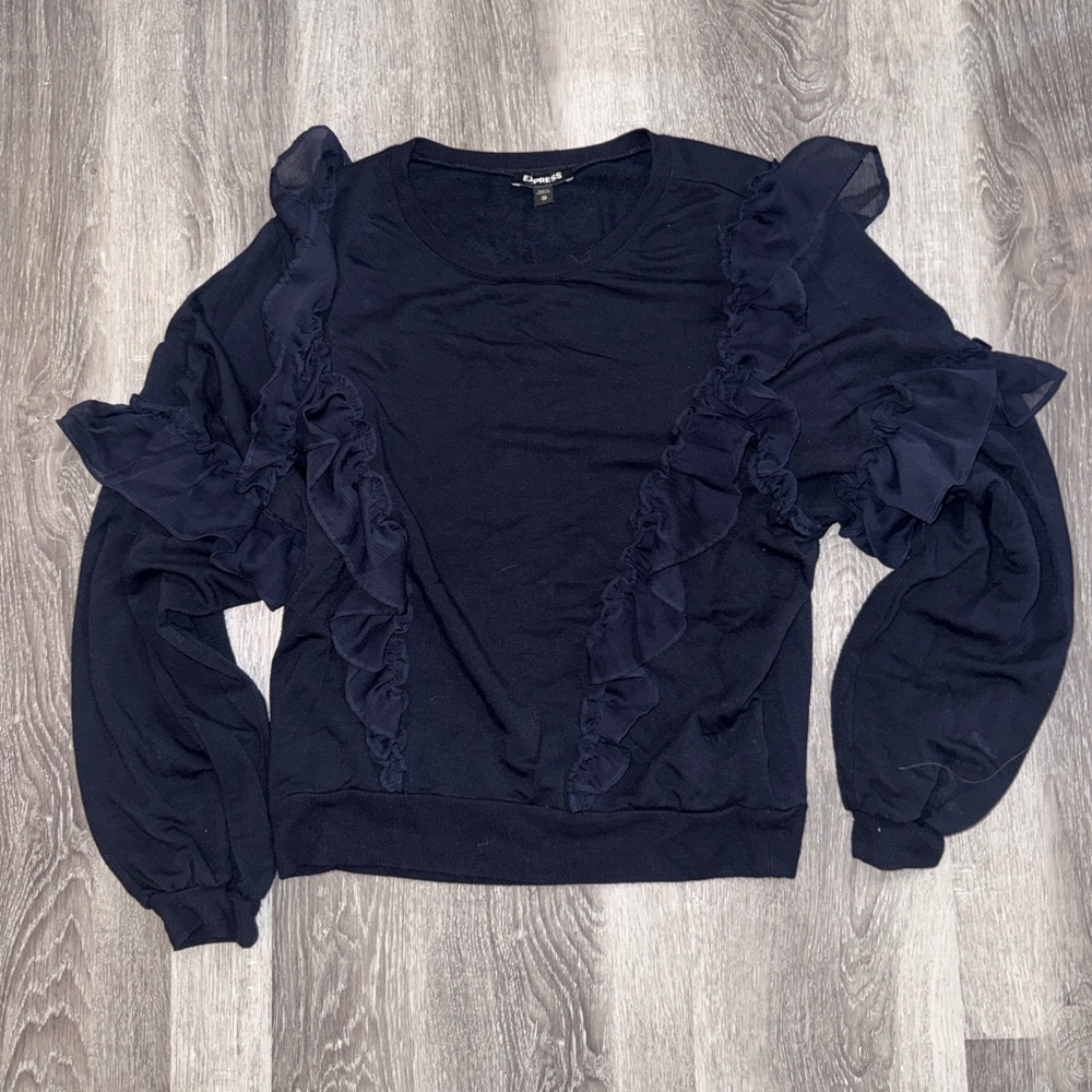 Express Ruffle Front Chiffon Sleeve Sweater Navy Size S